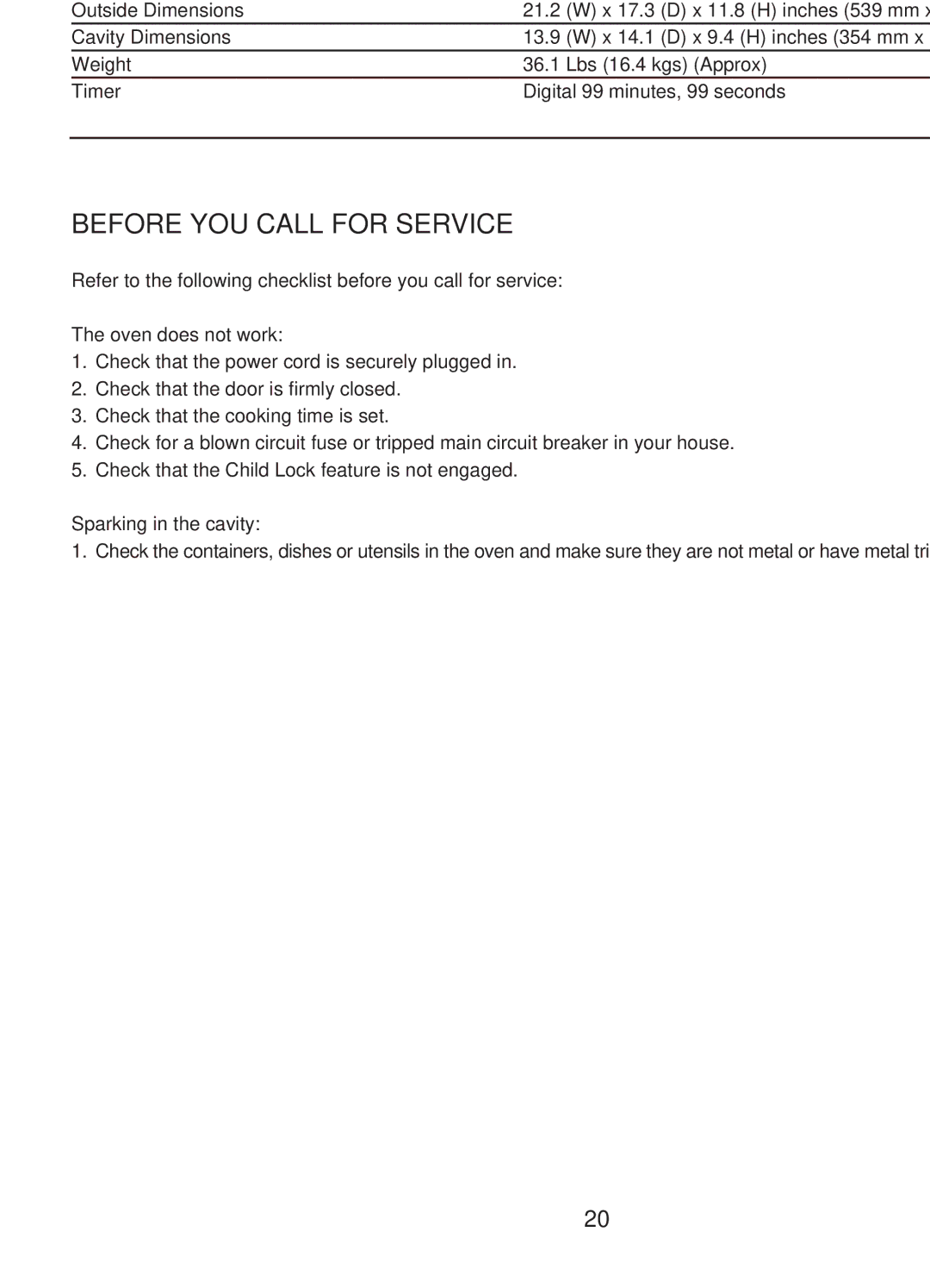 Emerson MWG9111SL owner manual Specifications, Before YOU Call for Service, Sparking in the cavity 