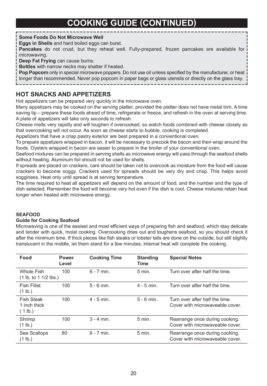 Emerson 1100W, MWG9115SL Some Foods Do Not Microwave Well, Deep Fat Frying can cause burns, Guide for Cooking Seafood 