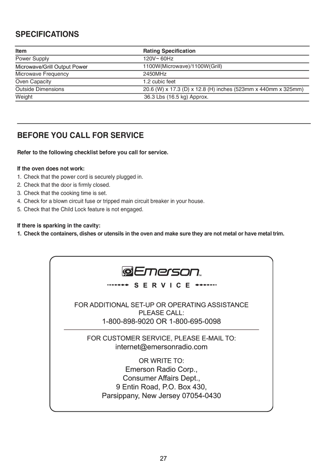 Emerson MWG9115SL, 1100W owner manual Specifications 