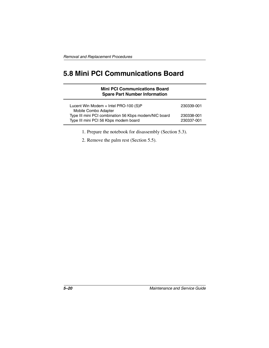 Emerson N400C, N410C manual Mini PCI Communications Board Spare Part Number Information 