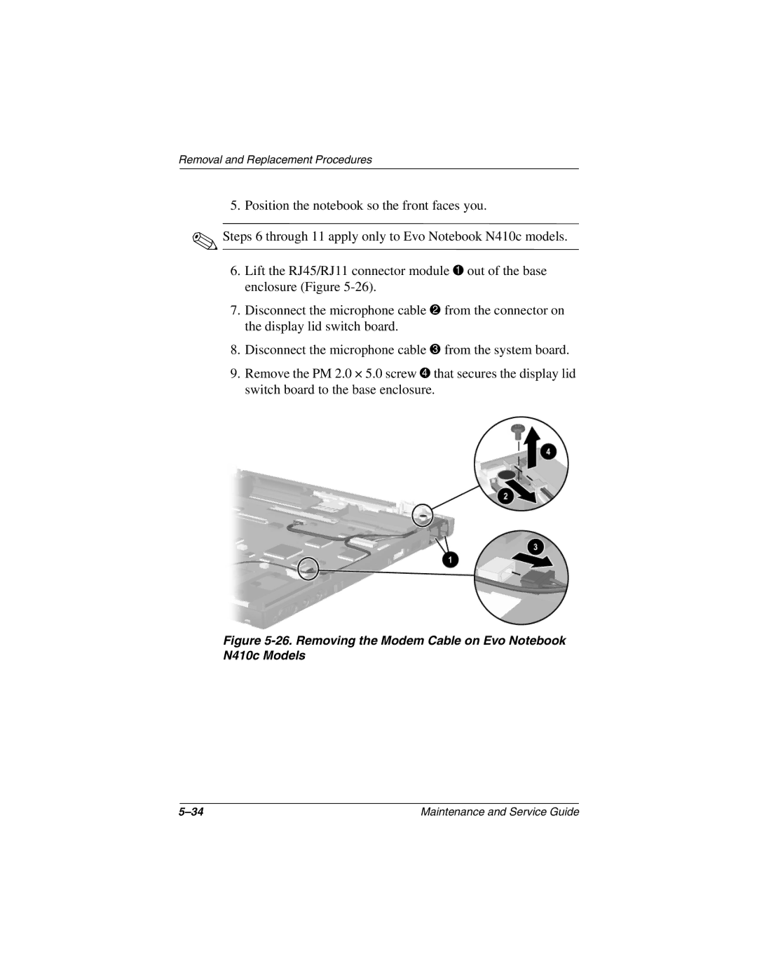 Emerson N400C, N410C manual Removing the Modem Cable on Evo Notebook N410c Models 