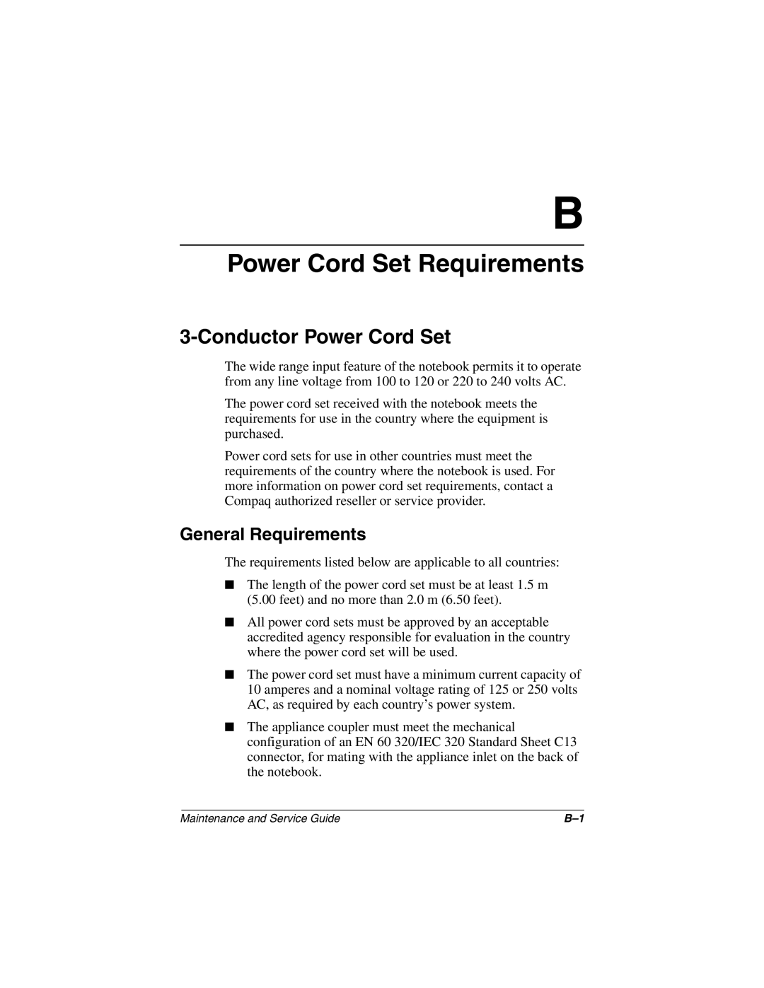 Emerson N400C, N410C manual Power Cord Set Requirements, Conductor Power Cord Set 