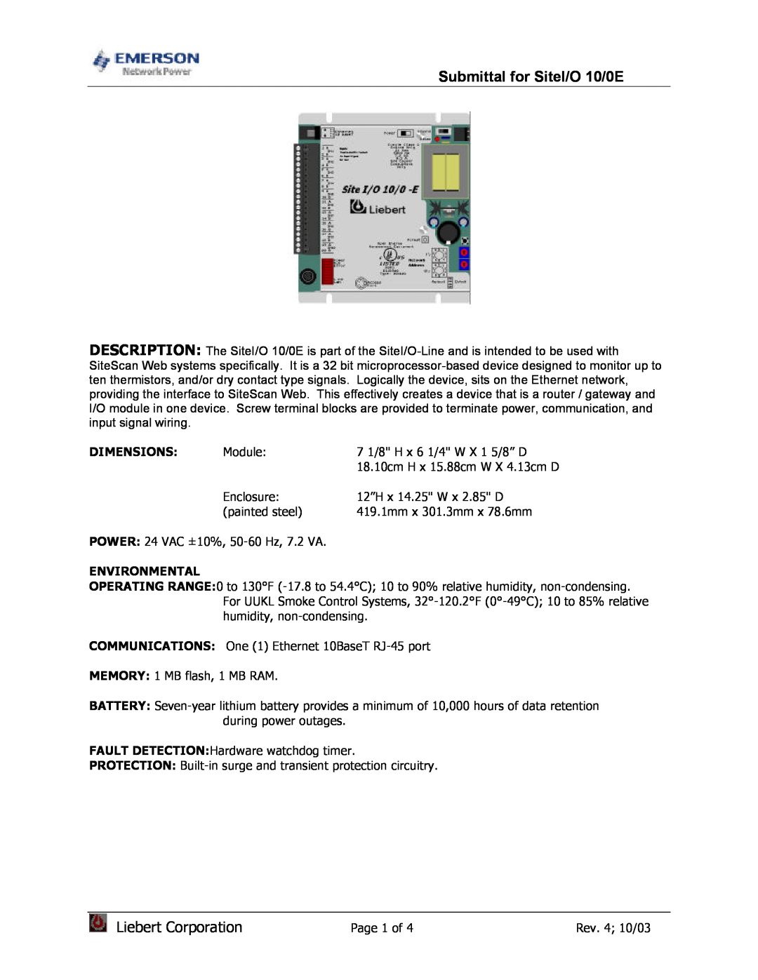 Emerson Network Power dimensions Submittal for SiteI/O 10/0E, Liebert Corporation, Dimensions, Environmental 