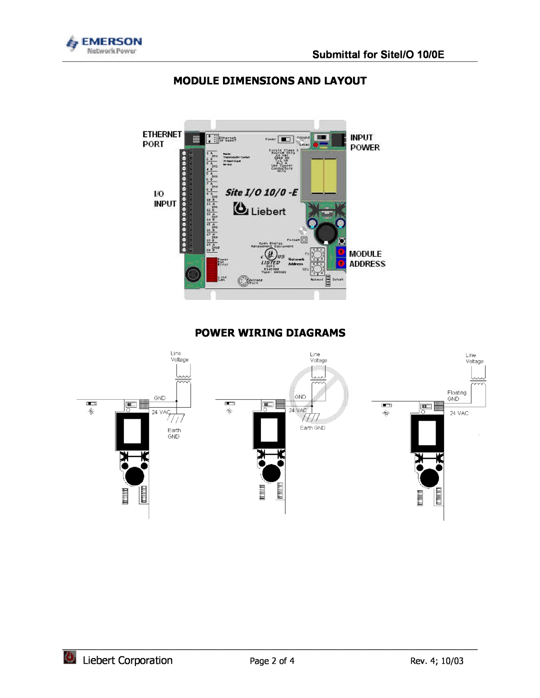 Emerson Network Power Module Dimensions And Layout, Power Wiring Diagrams, Submittal for SiteI/O 10/0E, Page 2 of 