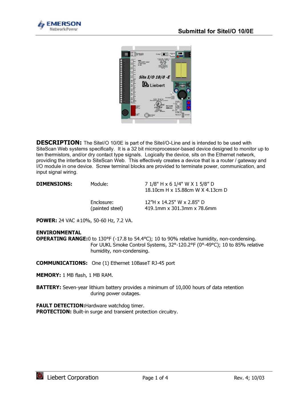 Emerson Network Power dimensions Submittal for SiteI/O 10/0E 