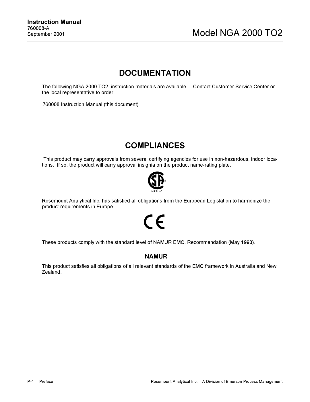 Emerson NGA 2000 TO2 instruction manual Documentation, Compliances 