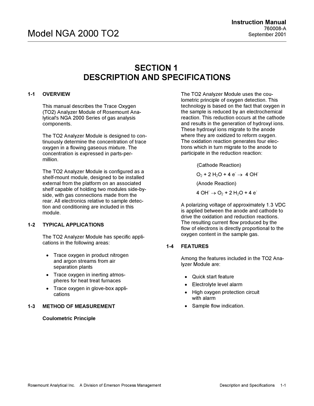 Emerson NGA 2000 TO2 Section Description and Specifications, Overview, Typical Applications, Method of Measurement 