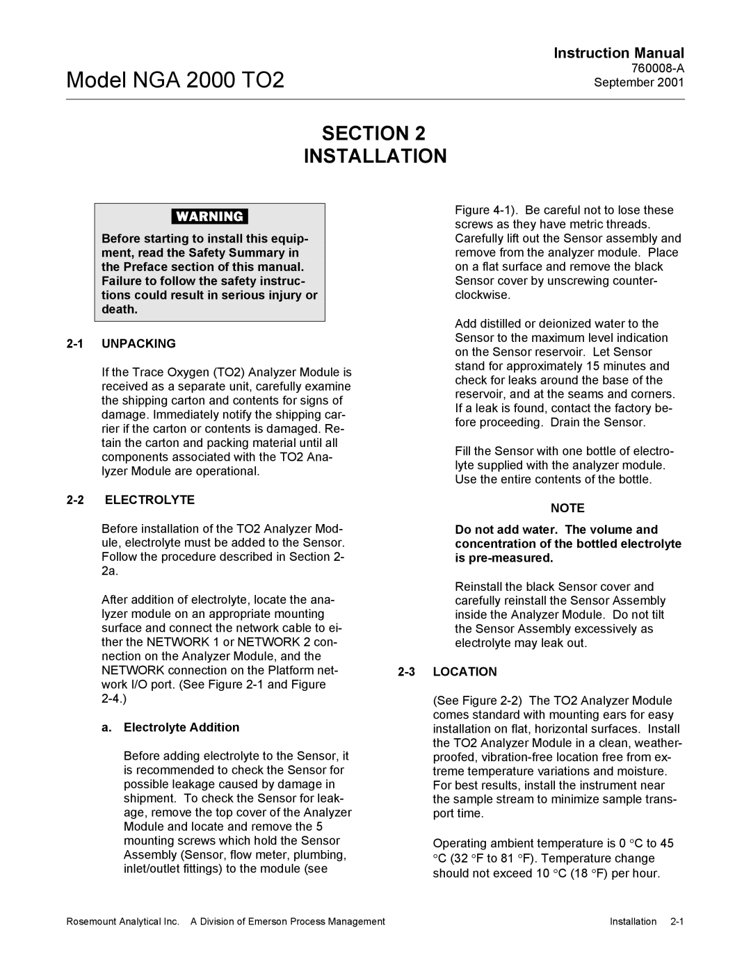 Emerson NGA 2000 TO2 instruction manual Section Installation, Unpacking, Electrolyte Addition, Location 