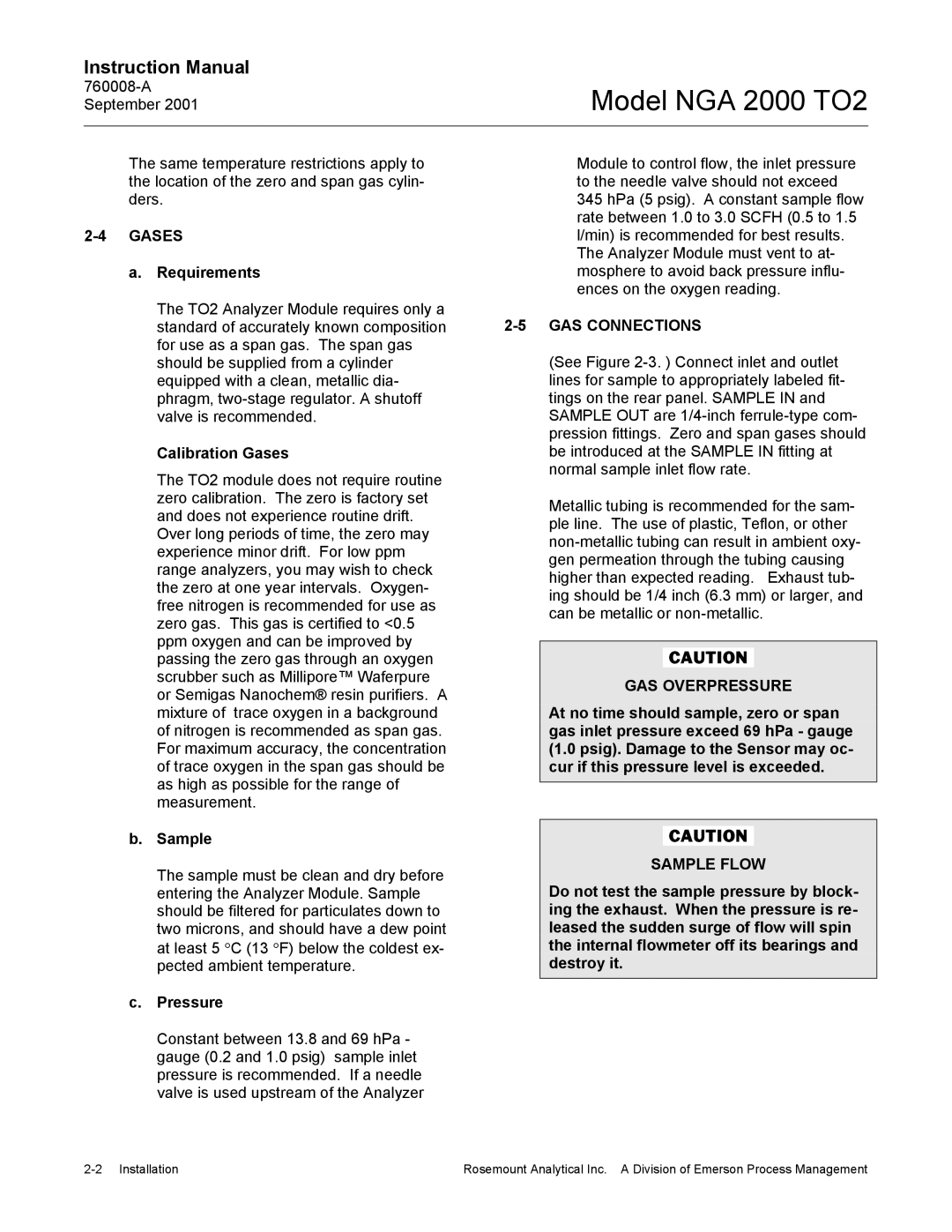 Emerson NGA 2000 TO2 instruction manual Gases, GAS Connections, GAS Overpressure, Sample Flow 