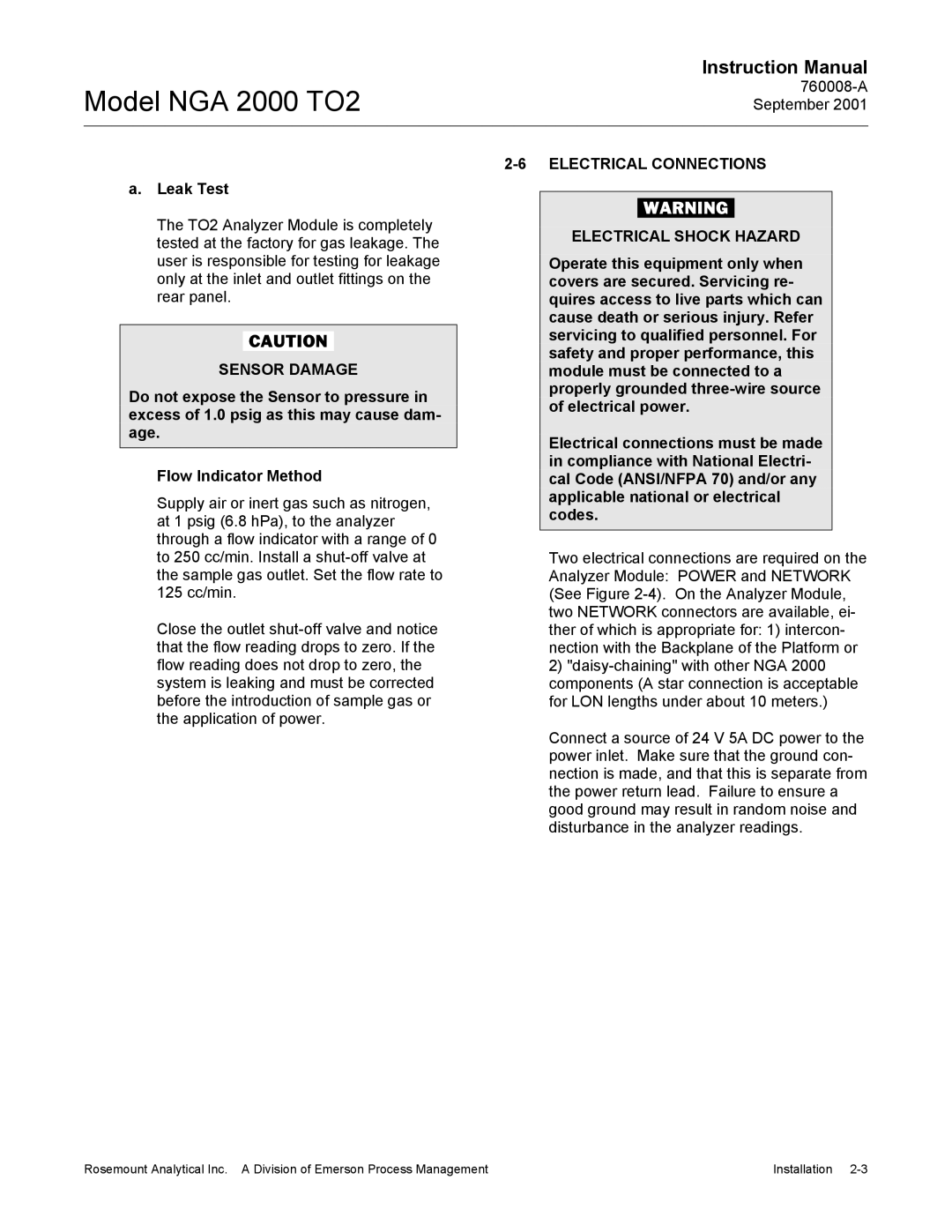 Emerson NGA 2000 TO2 instruction manual Leak Test, Sensor Damage, Electrical Connections Electrical Shock Hazard 