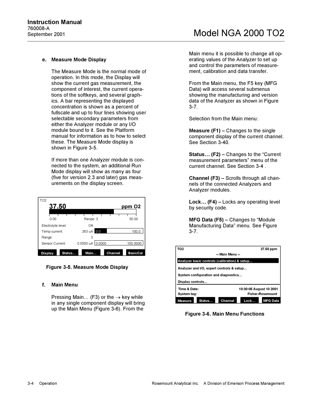 Emerson NGA 2000 TO2 instruction manual Measure Mode Display, Ppm O2, Display Status… Main… Channel BasicCal 