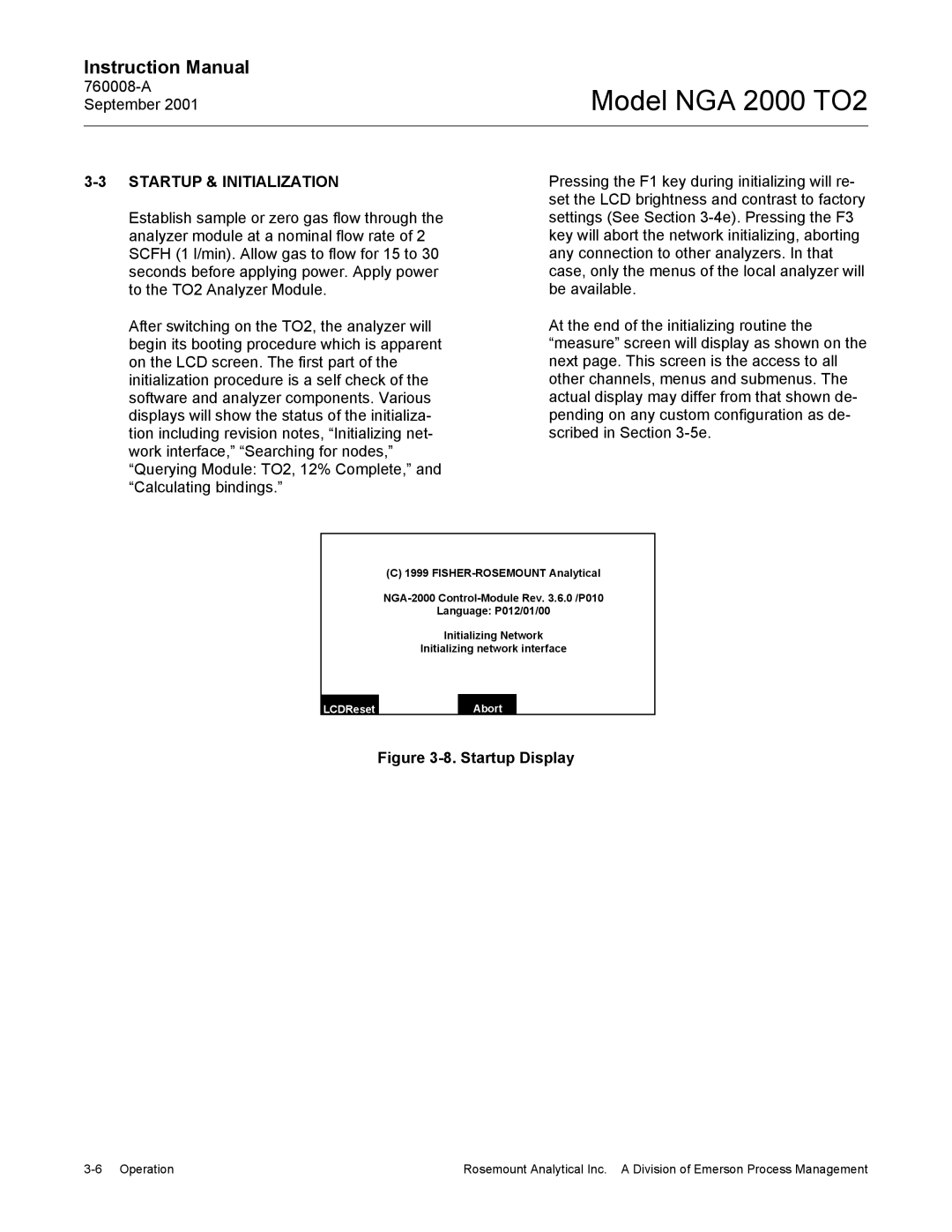 Emerson NGA 2000 TO2 instruction manual Startup & Initialization, LCDReset Abort 