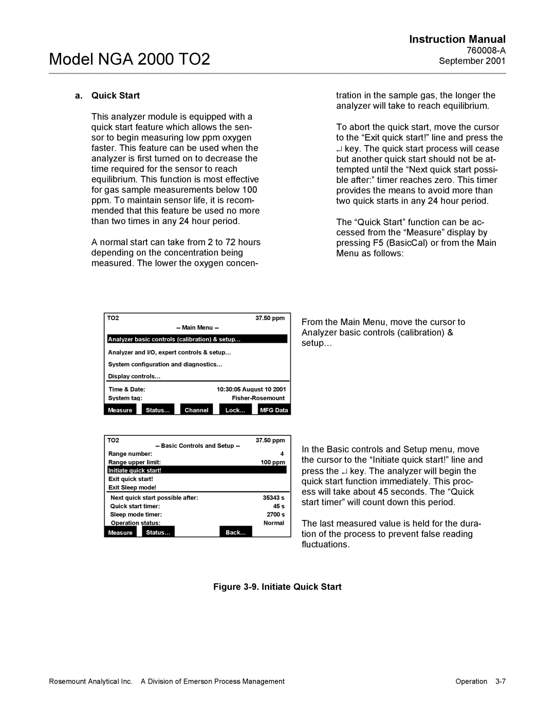 Emerson NGA 2000 TO2 instruction manual Quick Start, Initiate quick start, Measure Status… Back… 