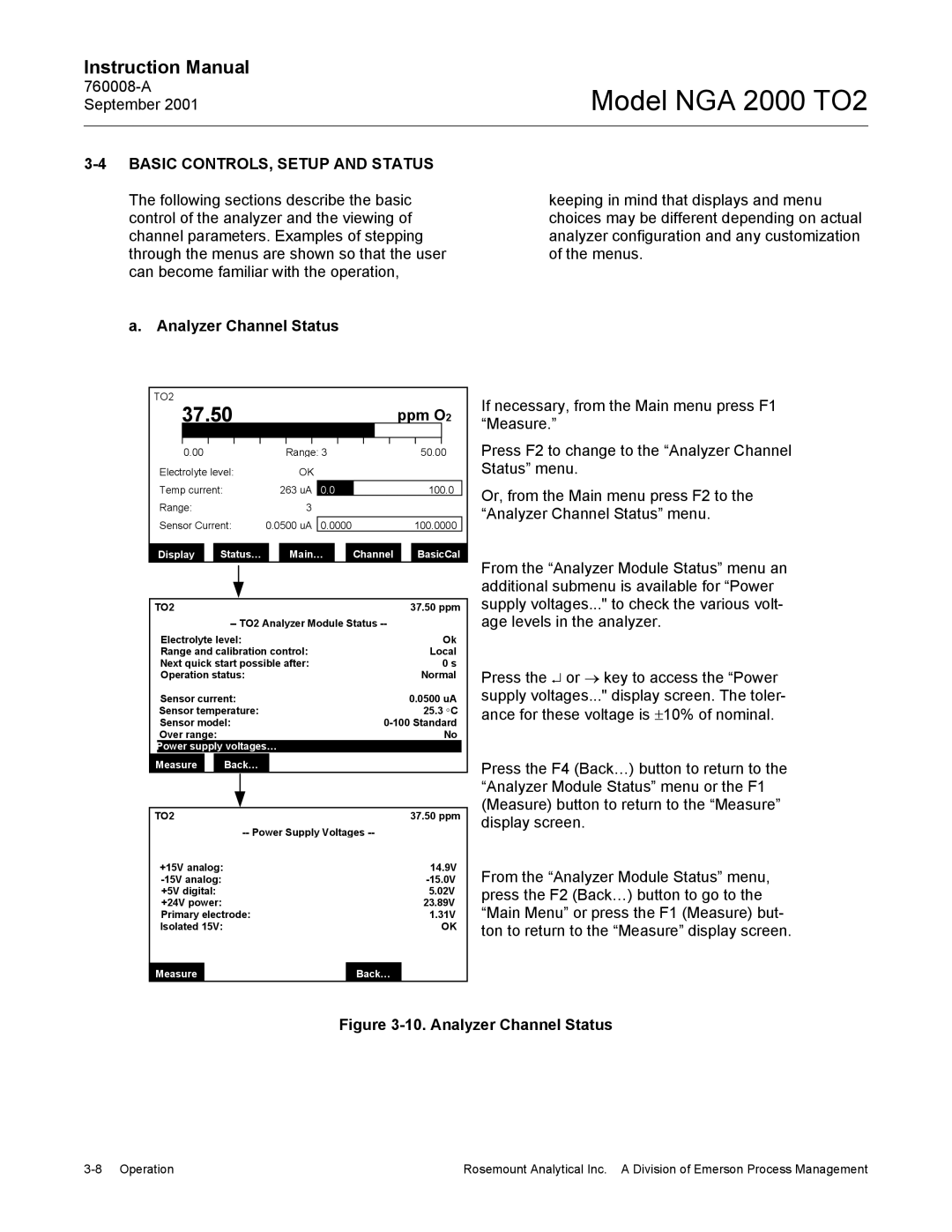 Emerson NGA 2000 TO2 Basic CONTROLS, Setup and Status, Analyzer Channel Status, Display Status… Main… Channel 