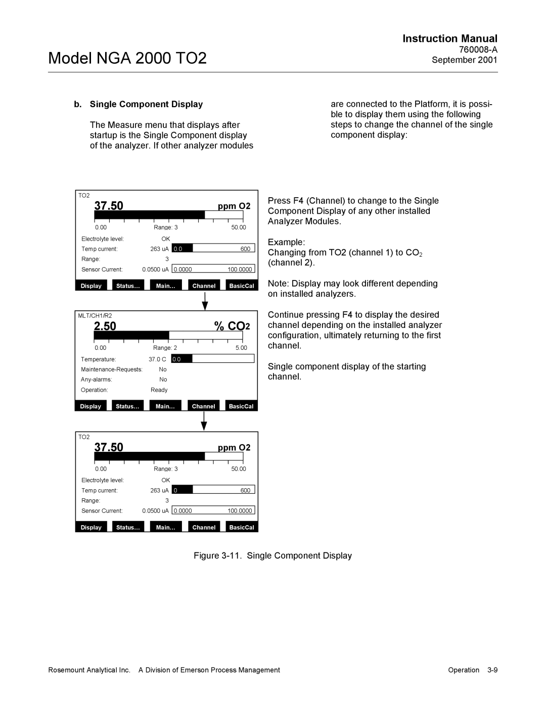 Emerson NGA 2000 TO2 instruction manual Single Component Display, Display Status…, Main… Channel BasicCal 