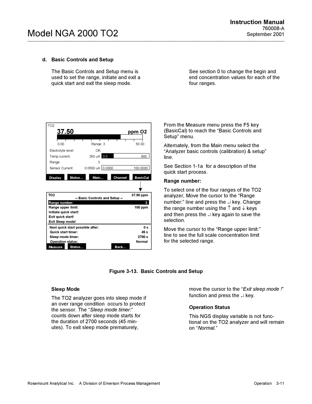 Emerson NGA 2000 TO2 instruction manual Basic Controls and Setup, Range number, Operation Status 