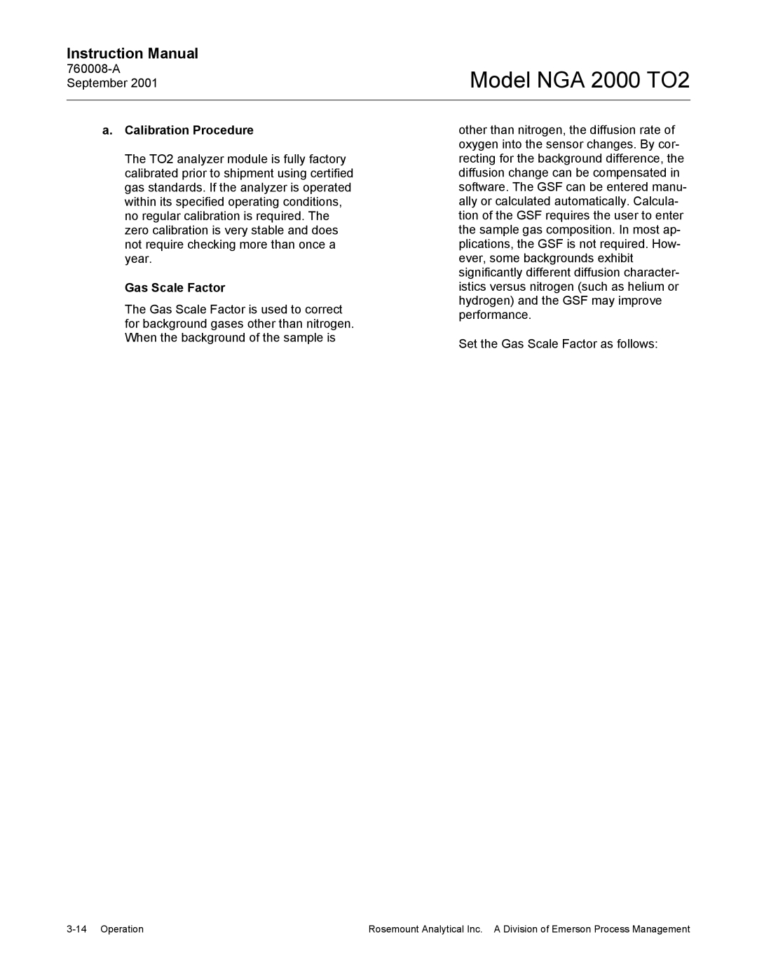 Emerson NGA 2000 TO2 instruction manual Calibration Procedure, Gas Scale Factor 