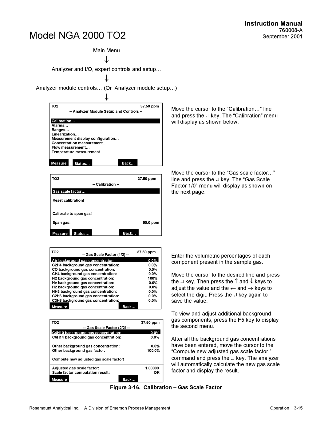 Emerson NGA 2000 TO2 instruction manual Gas scale factor…, Air background gas concentration 