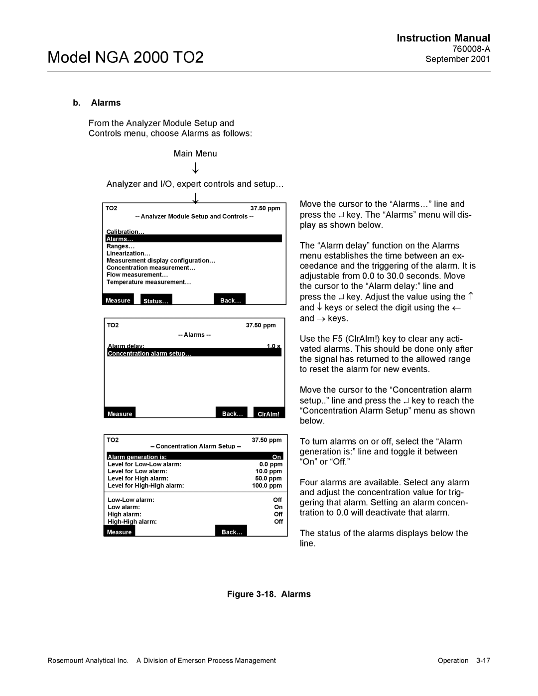 Emerson NGA 2000 TO2 instruction manual Alarms…, Concentration alarm setup… Measure Back… ClrAlm, Alarm generation isRe 