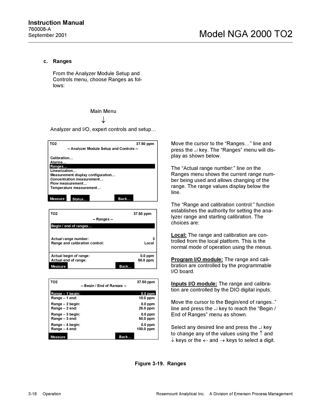 Emerson NGA 2000 TO2 instruction manual Ranges…, Begin / end of ranges…, Range Begin Ppm 