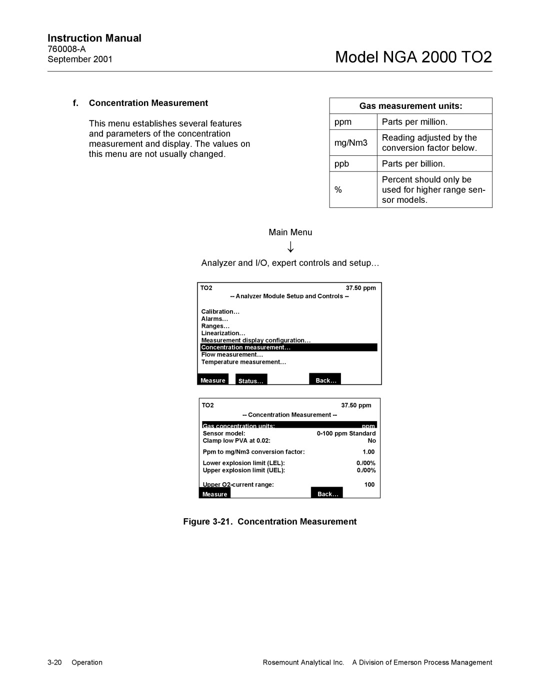 Emerson NGA 2000 TO2 Concentration Measurement, Gas measurement units, Concentration measurement…, Gas concentration units 