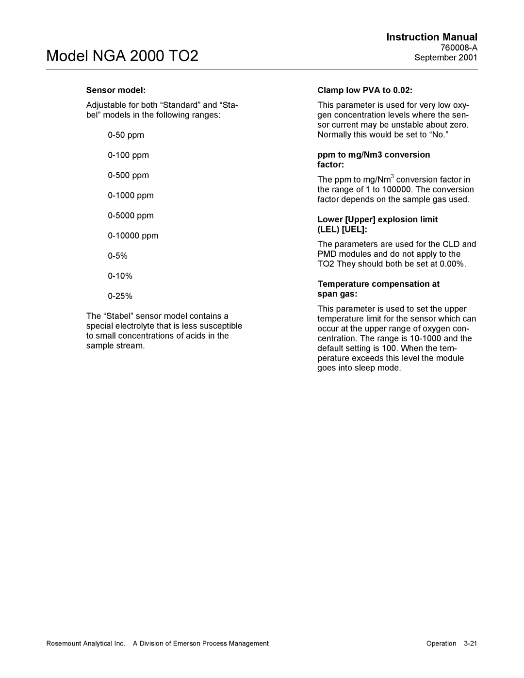 Emerson NGA 2000 TO2 Sensor model, Clamp low PVA to, Ppm to mg/Nm3 conversion factor, Lower Upper explosion limit LEL UEL 