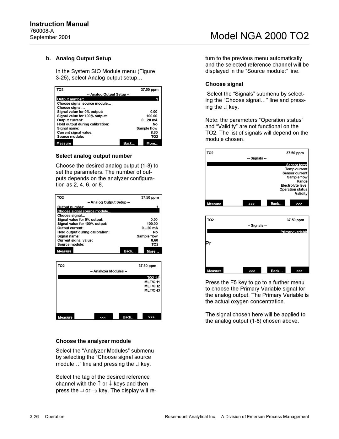 Emerson NGA 2000 TO2 Analog Output Setup, Choose signal, Select analog output number, Choose the analyzer module 