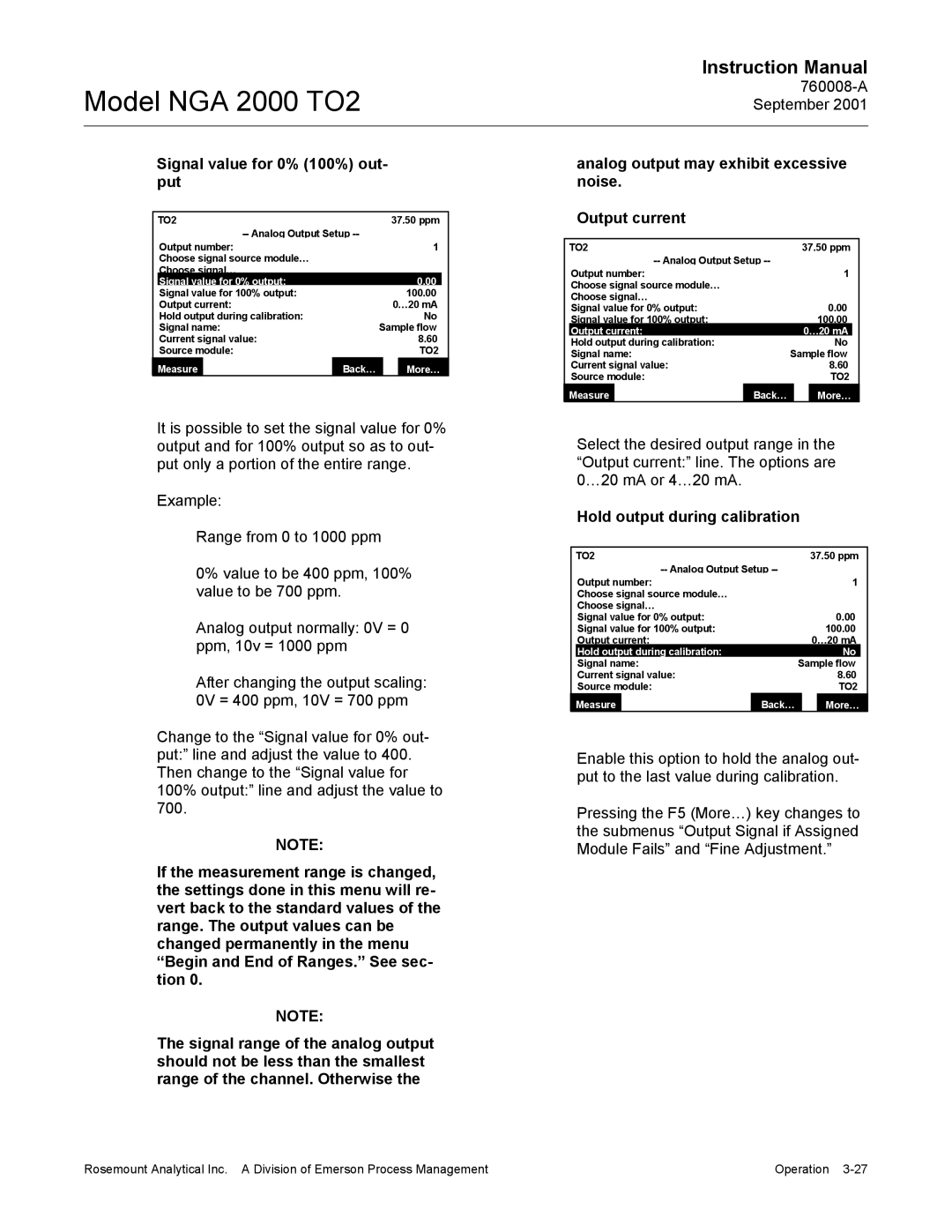 Emerson NGA 2000 TO2 instruction manual Hold output during calibration, Signal value for 0% output 