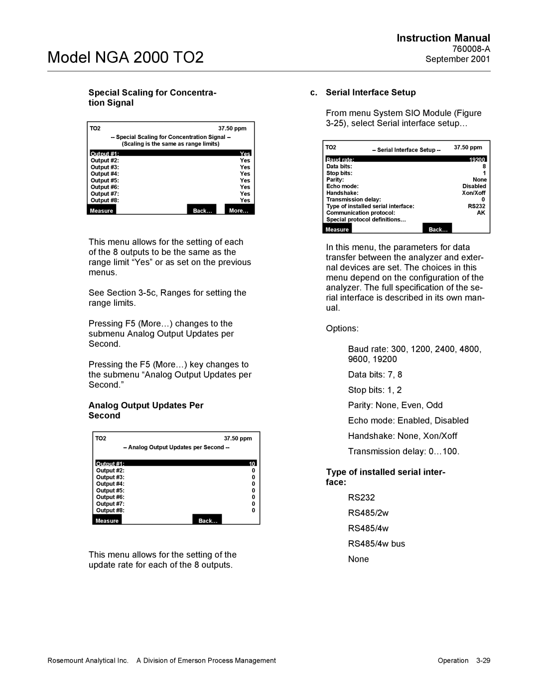 Emerson NGA 2000 TO2 Analog Output Updates Per Second, Type of installed serial inter- face, Output #1 Yes 