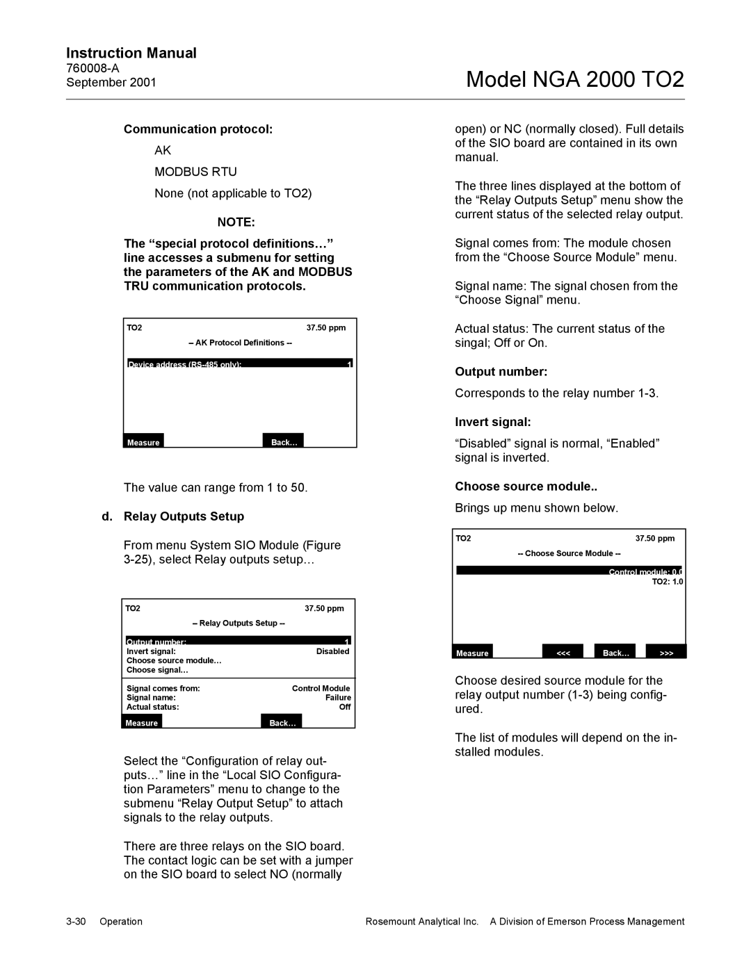 Emerson NGA 2000 TO2 instruction manual Communication protocol, Relay Outputs Setup, Invert signal, Choose source module 
