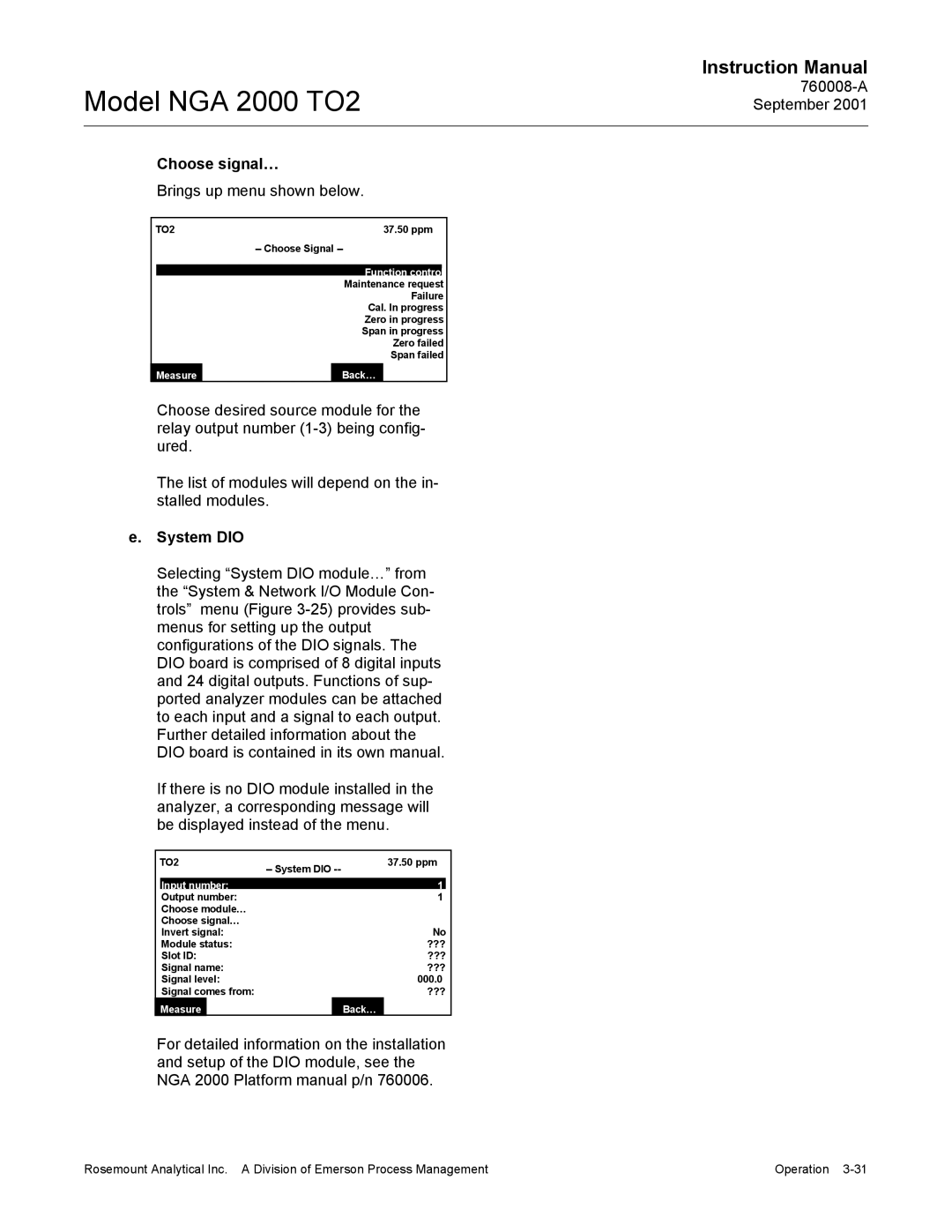 Emerson NGA 2000 TO2 instruction manual Choose signal…, System DIO, Function control, Input number 