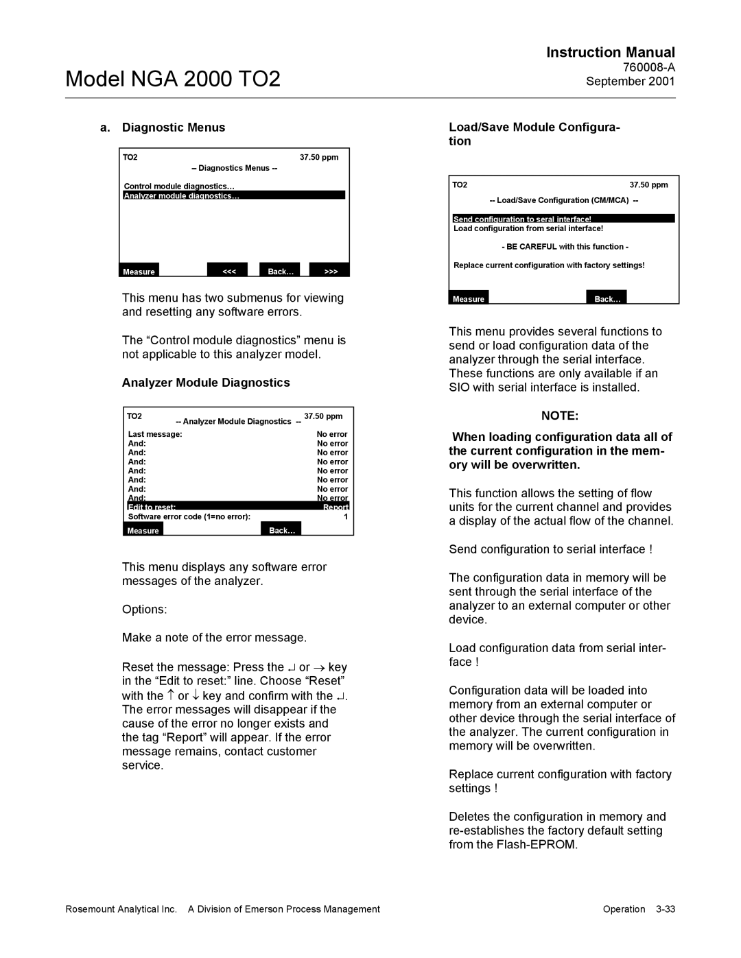 Emerson NGA 2000 TO2 instruction manual Diagnostic Menus, Load/Save Module Configura- tion, Analyzer Module Diagnostics 