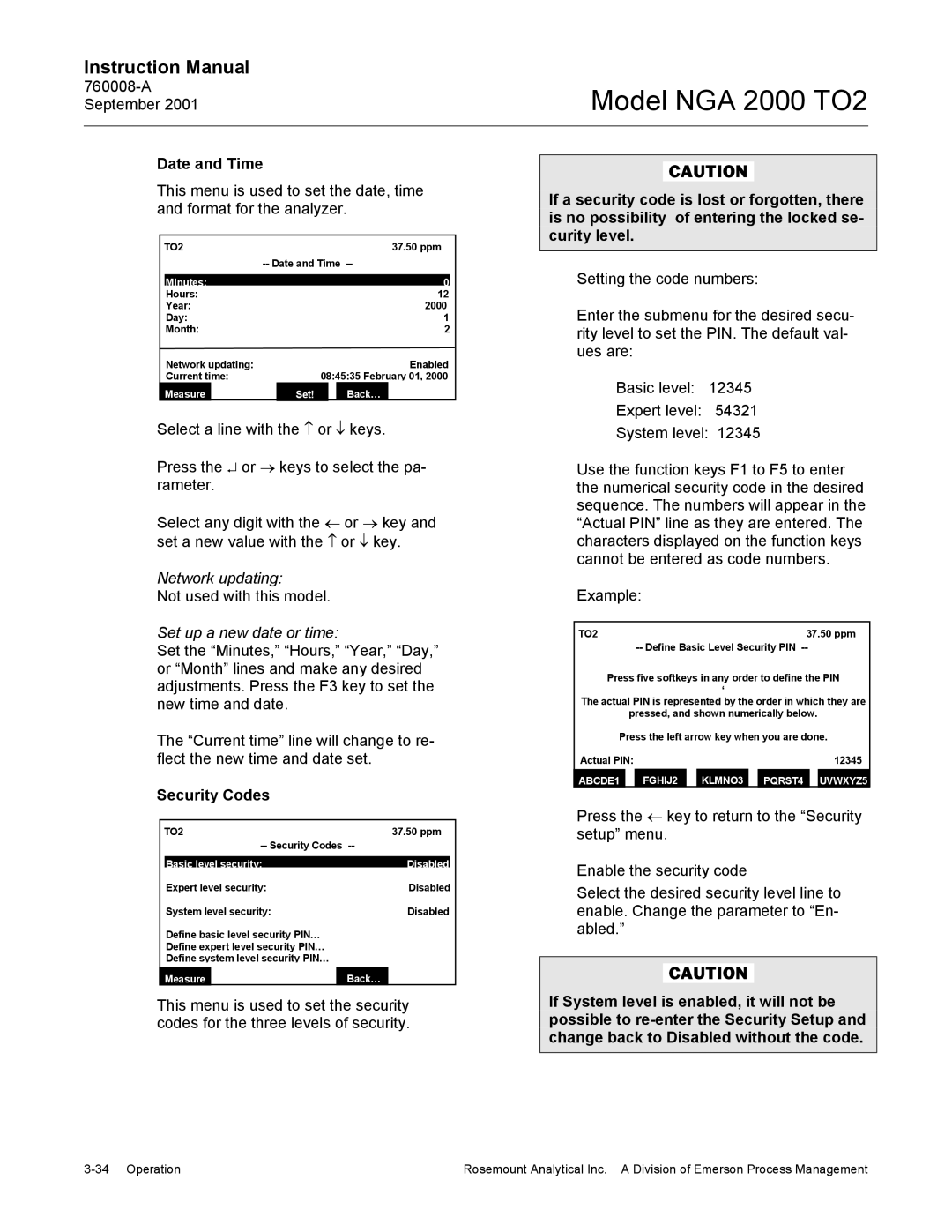 Emerson NGA 2000 TO2 instruction manual Date and Time, Security Codes 