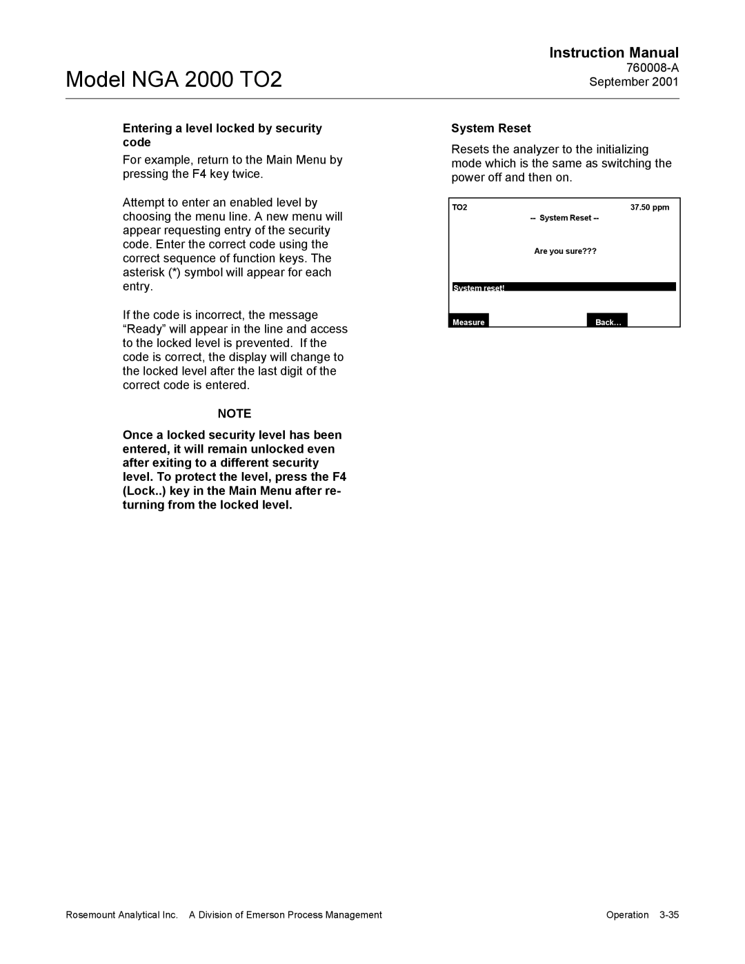 Emerson NGA 2000 TO2 instruction manual Entering a level locked by security code, System Reset, System reset Measure Back… 