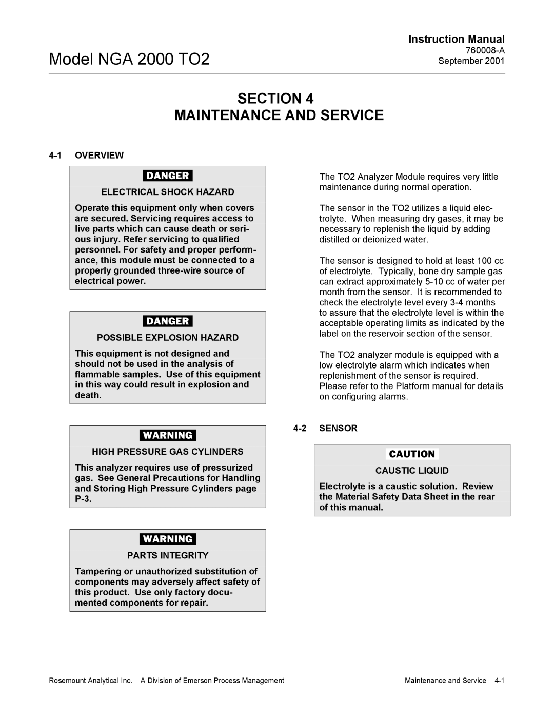 Emerson NGA 2000 TO2 Section Maintenance and Service, Overview Electrical Shock Hazard, Sensor Caustic Liquid 