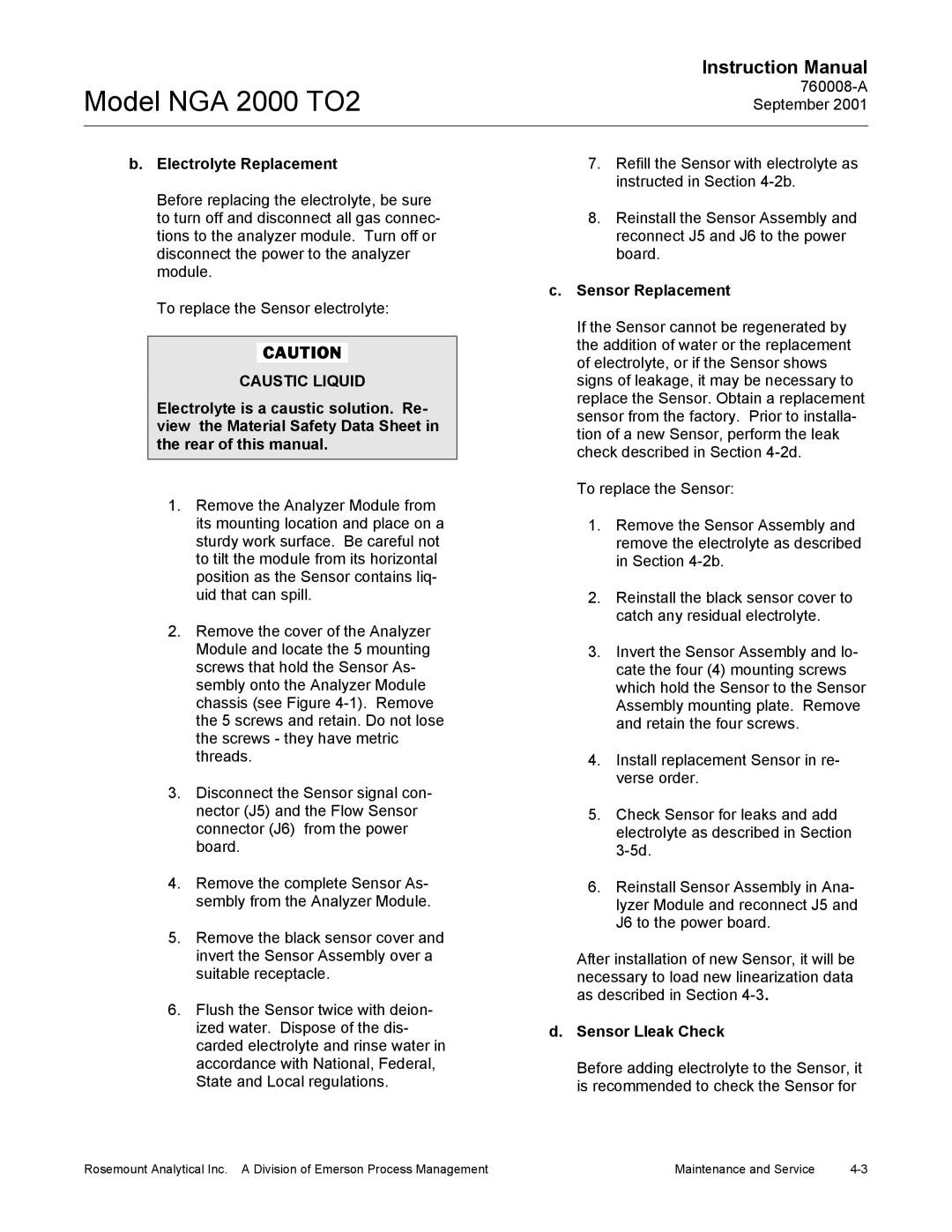 Emerson NGA 2000 TO2 instruction manual Electrolyte Replacement, Sensor Replacement, Sensor Lleak Check 