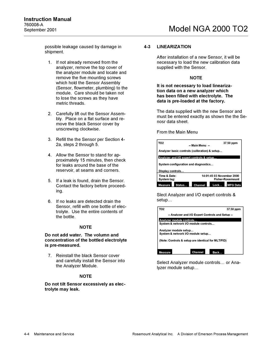 Emerson NGA 2000 TO2 Linearization, Do not tilt Sensor excessively as elec- trolyte may leak, Time & Date 