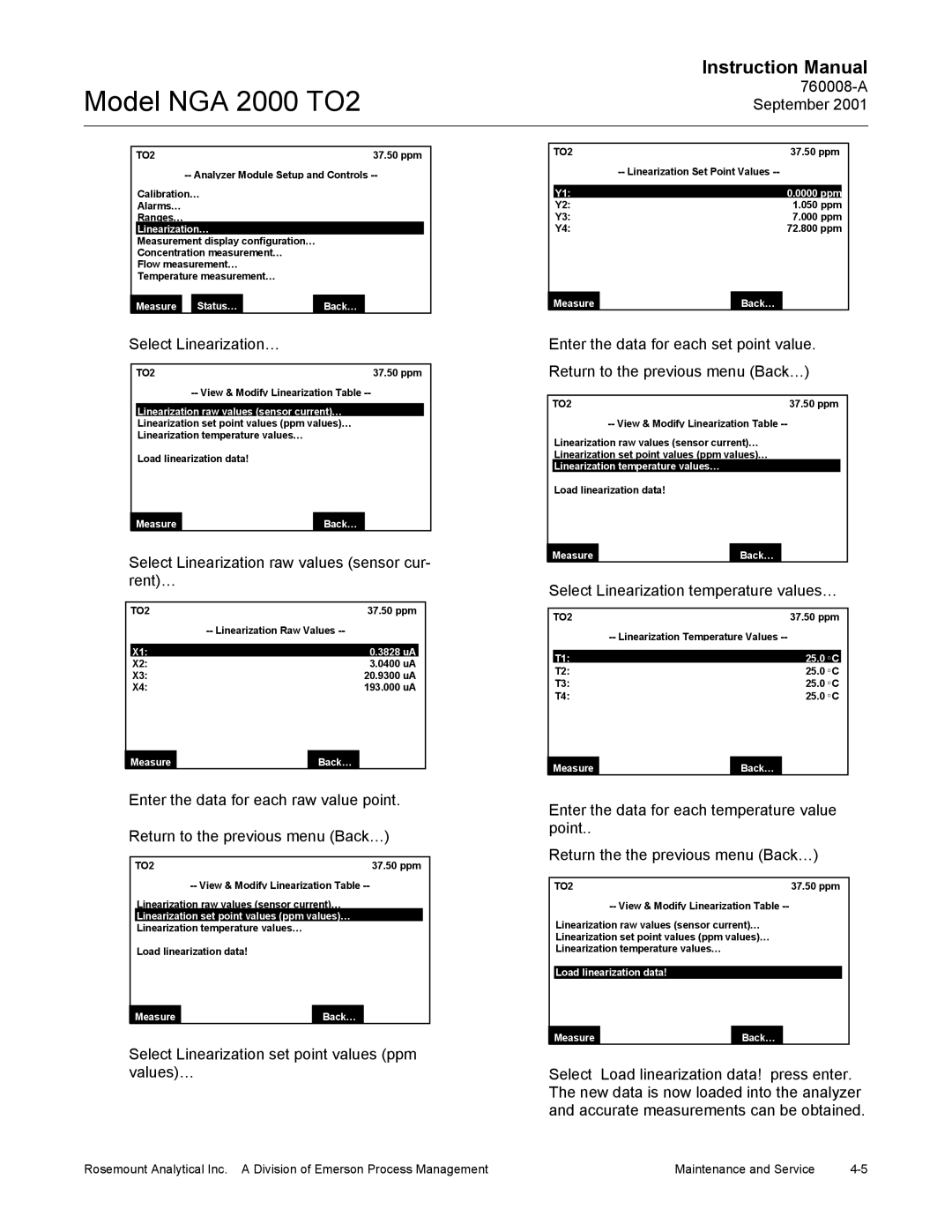Emerson NGA 2000 TO2 instruction manual Linearization…, 0000 ppm, Linearization raw values sensor current…, 3828 uA, 25.0 C 