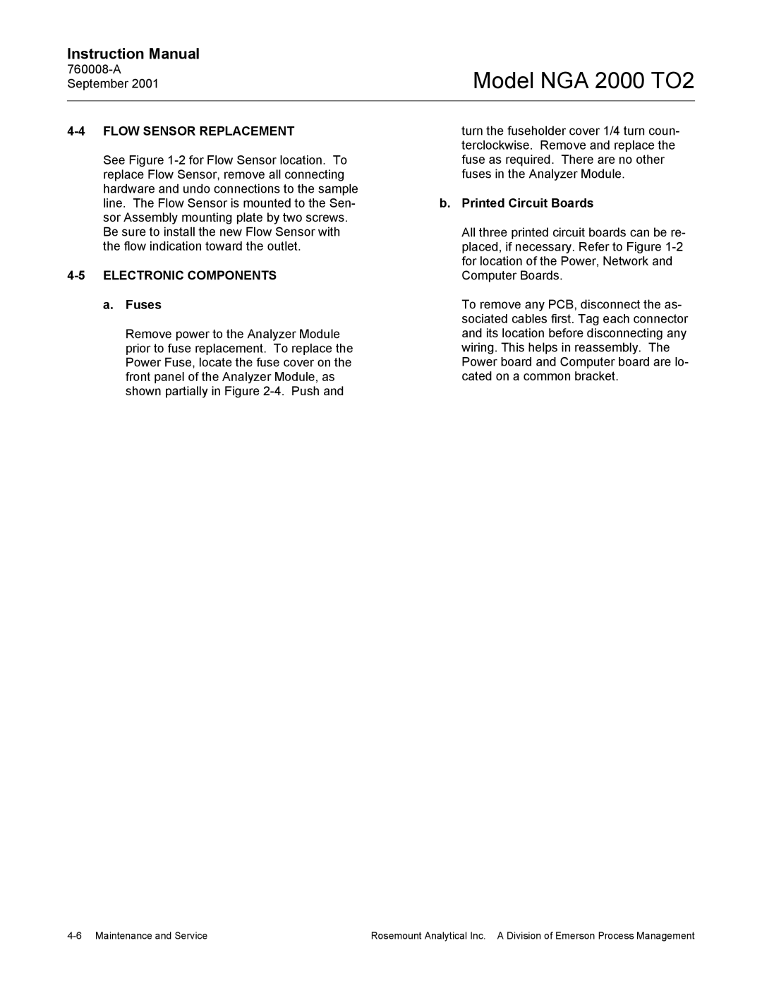 Emerson NGA 2000 TO2 instruction manual Flow Sensor Replacement, Electronic Components, Fuses, Printed Circuit Boards 