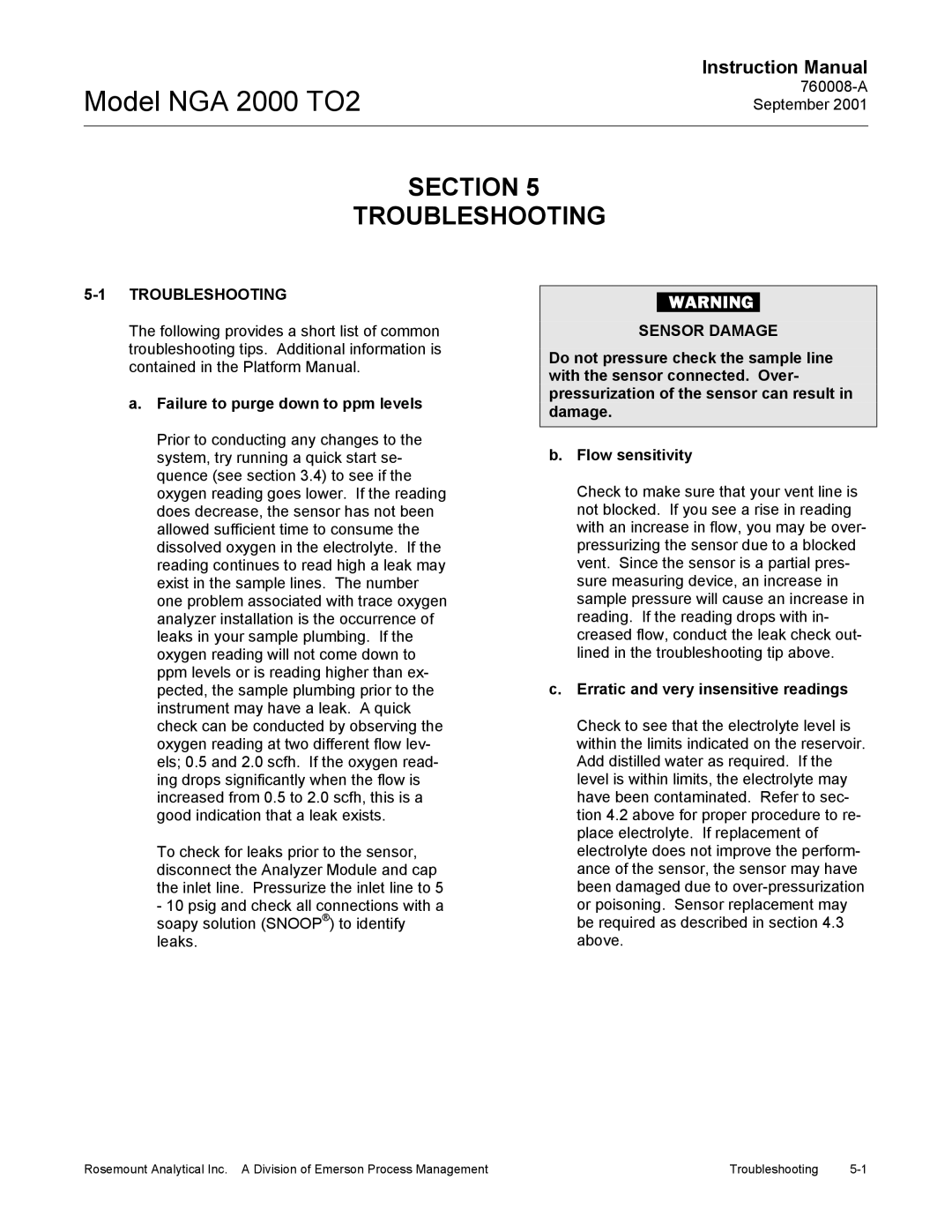 Emerson NGA 2000 TO2 Section Troubleshooting, Failure to purge down to ppm levels, Erratic and very insensitive readings 