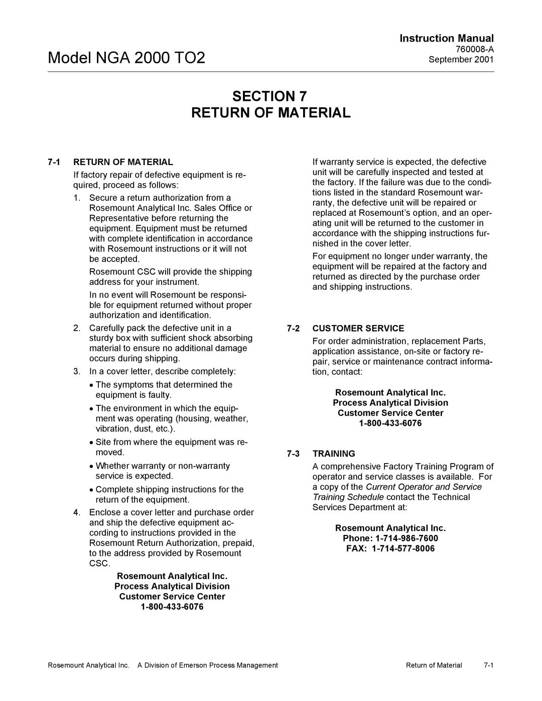 Emerson NGA 2000 TO2 Section Return of Material, Customer Service, Training, Rosemount Analytical Inc Phone FAX 