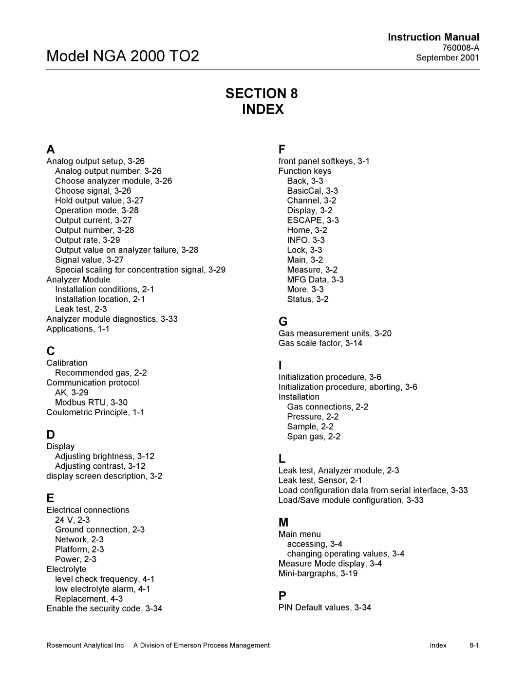 Emerson NGA 2000 TO2 instruction manual Section Index 