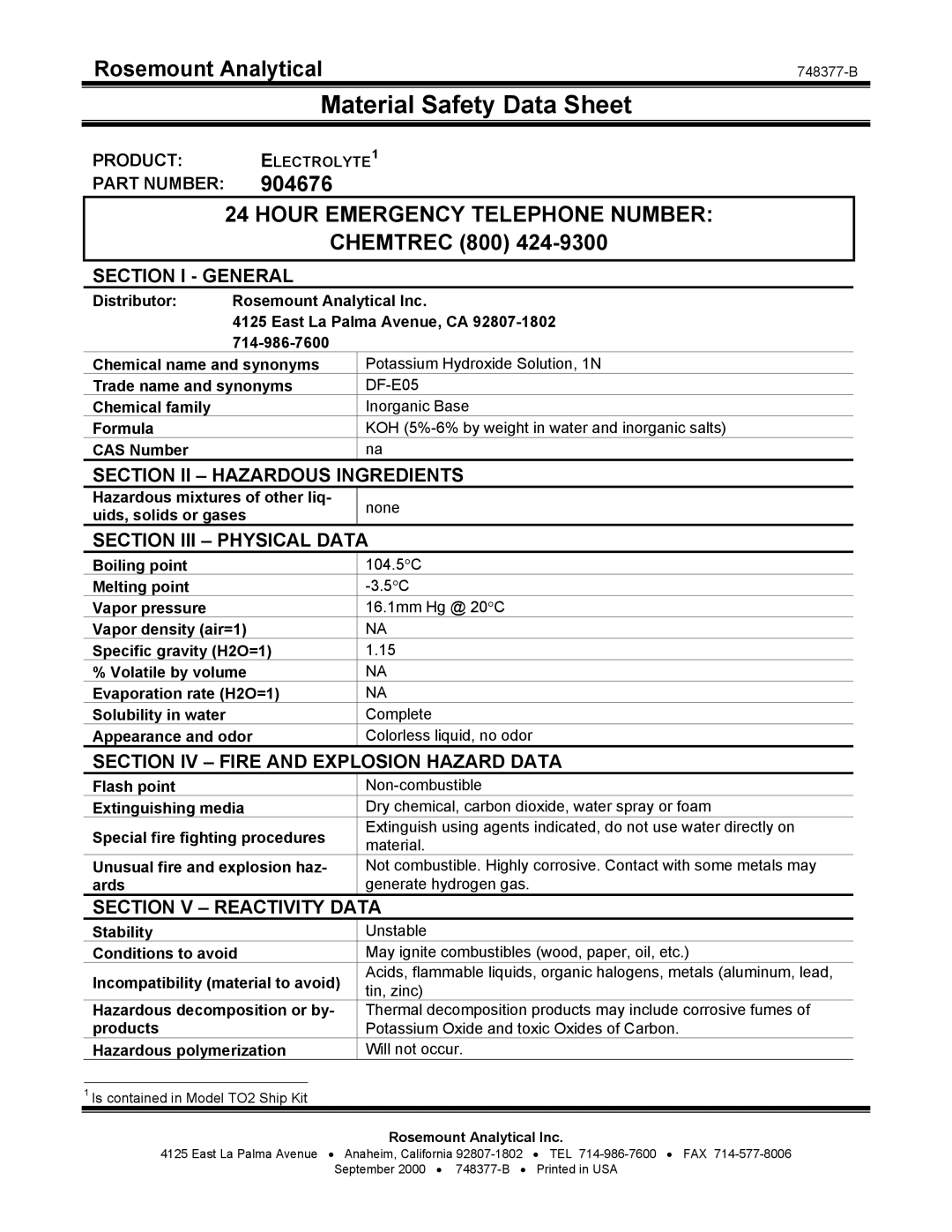 Emerson NGA 2000 TO2 instruction manual Product ELECTROLYTE1 