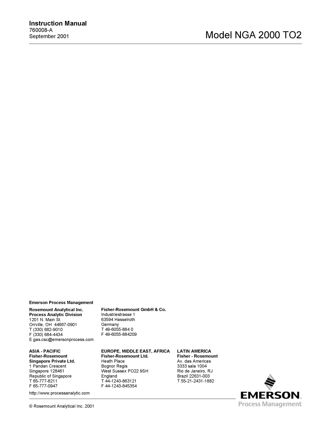 Emerson NGA 2000 TO2 instruction manual Asia Pacific EUROPE, Middle EAST, Africa Latin America 