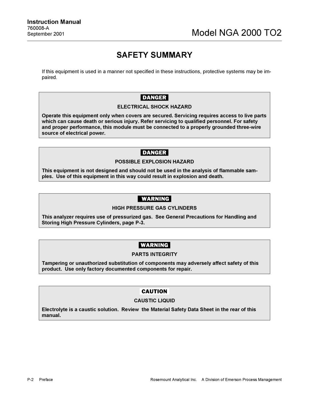 Emerson NGA 2000 TO2 instruction manual Safety Summary 