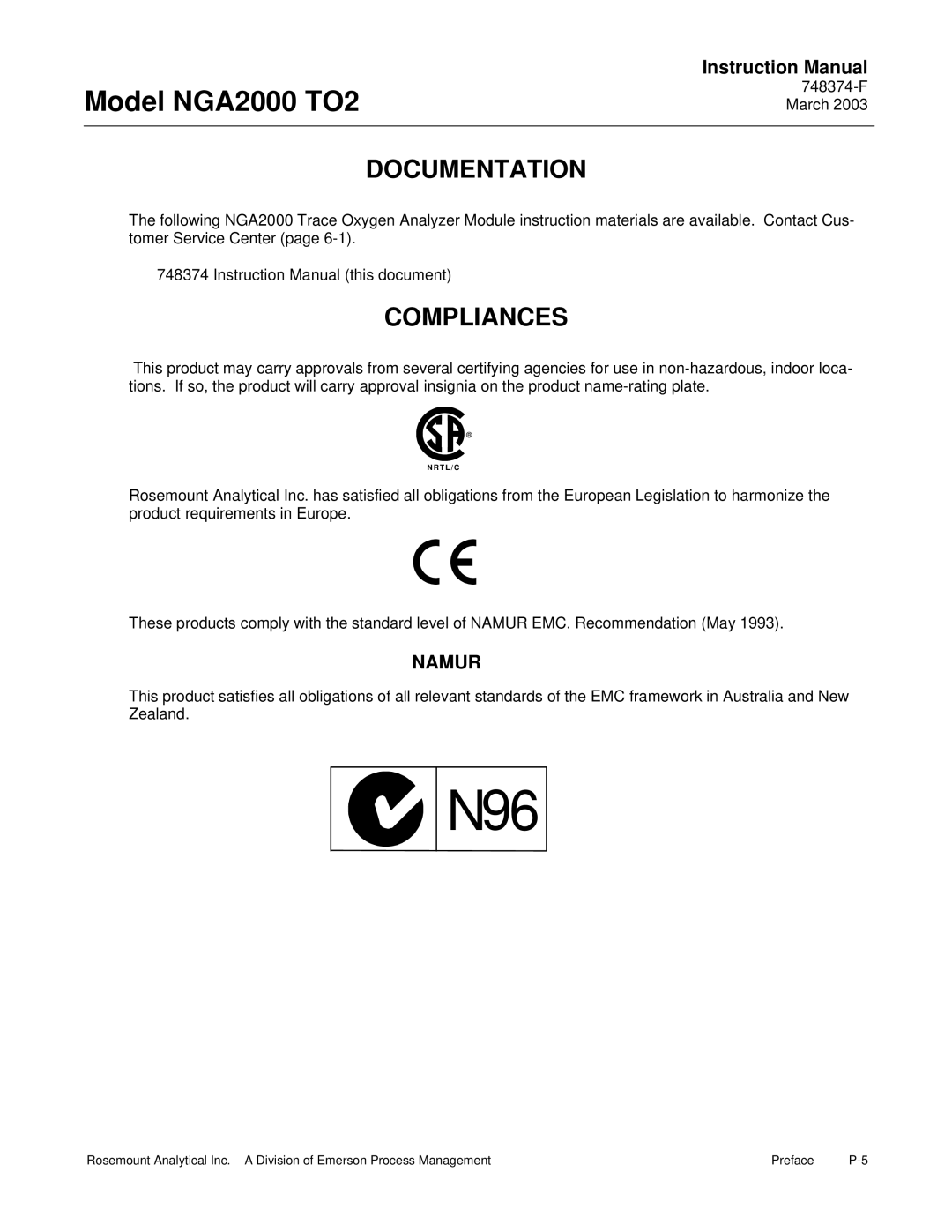 Emerson NGA2000 TO2 instruction manual Documentation, Compliances 