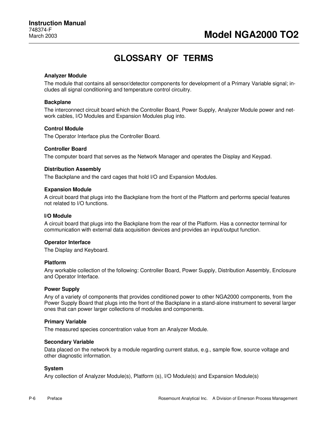 Emerson NGA2000 TO2 instruction manual Glossary of Terms 