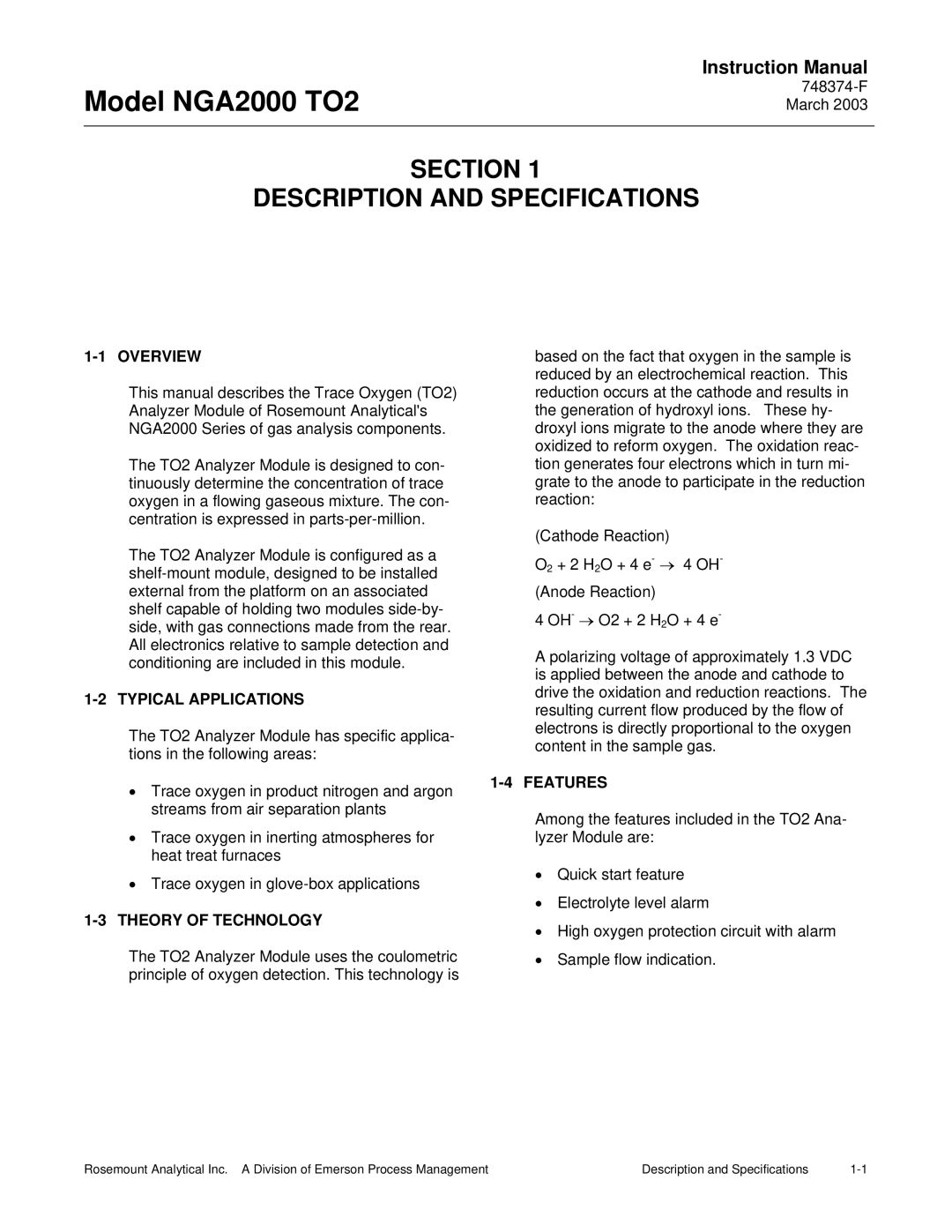 Emerson NGA2000 TO2 Section Description and Specifications, Overview, Typical Applications, Theory of Technology, Features 