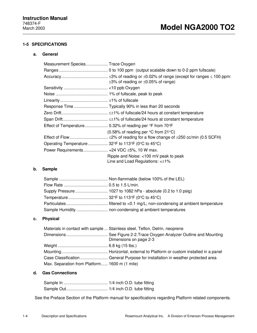 Emerson NGA2000 TO2 instruction manual Specifications, General, Sample, Physical, Gas Connections 