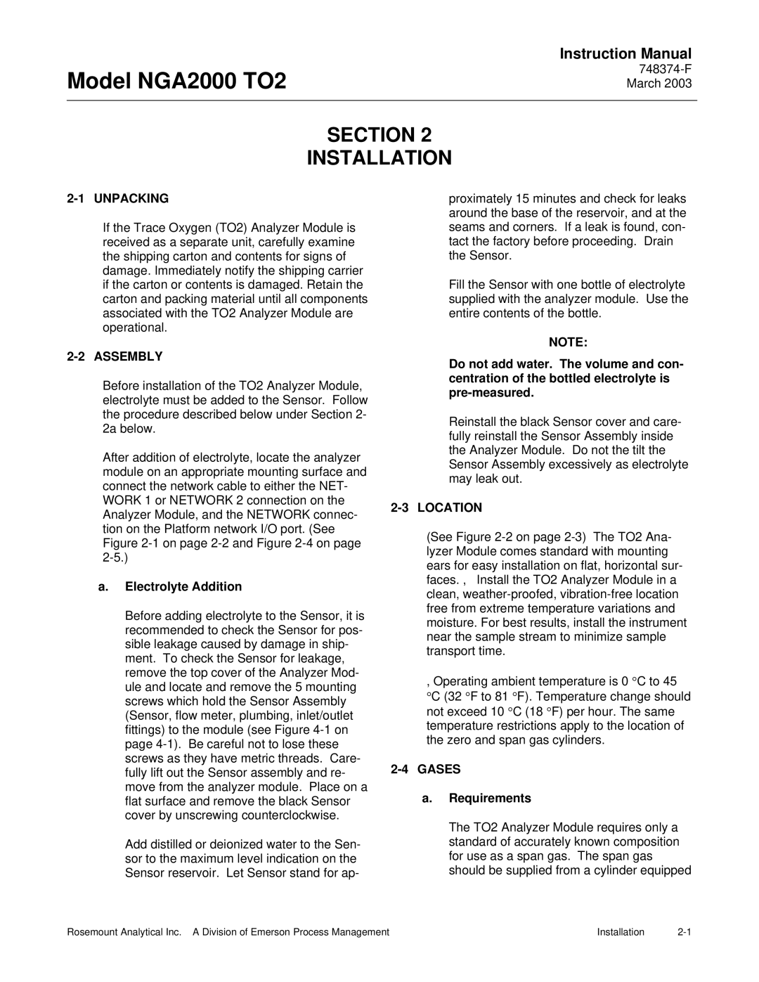 Emerson NGA2000 TO2 instruction manual Section Installation, Unpacking, Assembly, Location, Gases 